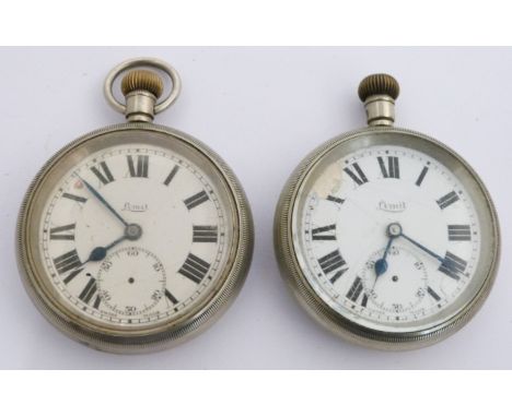 Two British Railways Midland region Limit keyless winding open faced pocket watches, both with subsidiary seconds dial, black