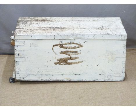 A painted pine metal bound trunk, W83 D46 H39cm&nbsp;