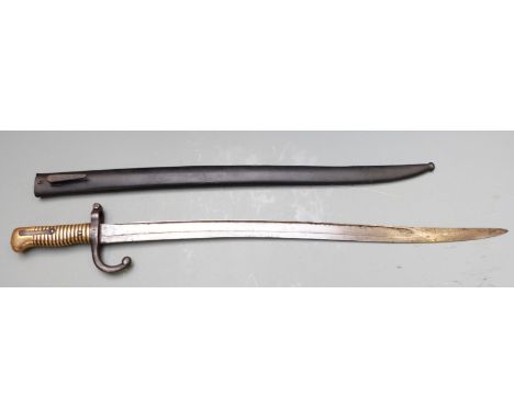 French 1866 pattern chassepot bayonet with downswept quillon stamped 17.L.I.3 to crosspiece, 57cm fullered yataghan blade and