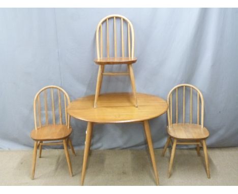 Ercol retro light elm table and three similar chairs, diameter 88 H74cm