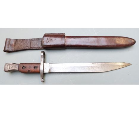 Canadian M1910 pattern knife bayonet with clear stamps to pommel, 25cm unfullered sharpened blade, stamped scabbard and integ