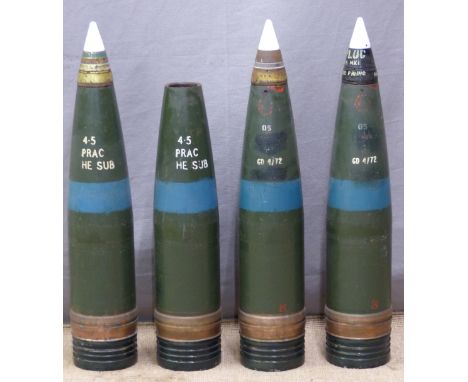 Four British Navy 4.5 inch Mk8 gun practice shells, two having timer fuses, length 59cm.&nbsp;Consigned by a Royal Navy museu