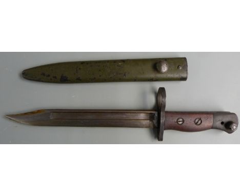 British No5 Mk1 pattern knife bayonet stamped 187 to ricasso, with large muzzle ring, 20cm 'bowie' style blade and scabbard