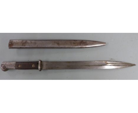 German S 1914 pattern bayonet marked BK within oval to ricasso, with shaped wooden grips, 31cm fullered blade and scabbard