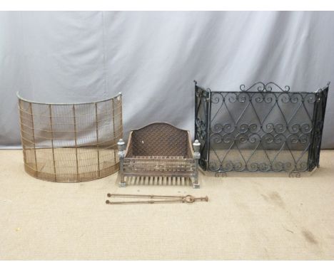 Cast iron fire grate, blacksmith made wrought iron hinged guard, regency style guard, cast iron fire curb and a large vice, w