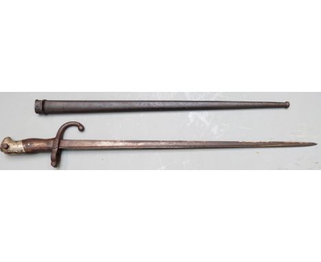 French 1874 pattern Gras&nbsp;bayonet with down swept quillon and 52cm T backed blade dated&nbsp;1875 with scabbard