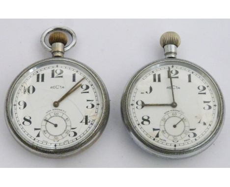 Two British Railways Midland region Recta keyless winding open faced pocket watches, both with subsidiary seconds dial, black