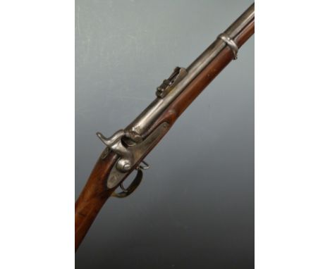 16 bore percussion hammer action with lock stamped with crown over 'VR' cypher and '1864 Tower', engraved hammer, brass trigg