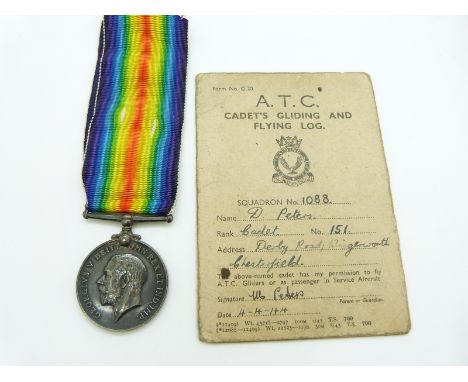 British Army WWI War Medal named to 19802 Pte F Duroe Notts & Derby Regiment together with a WWII Air Training Corps Cadets g