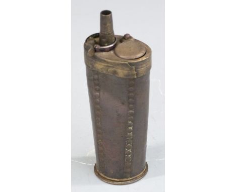 Steel and brass pistol or revolver powder flask, 12.5cm long. 