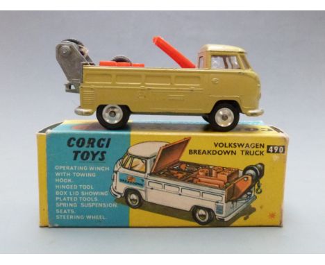 Corgi Toys diecast model Volkswagen Breakdown Truck with olive green body, red interior, chrome tools, two spare tyres and op