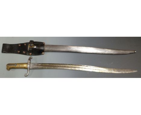 British 1853 pattern Artillery sword bayonet with brass grips and marked V over CPA indicating issue to Cinque Ports Artiller