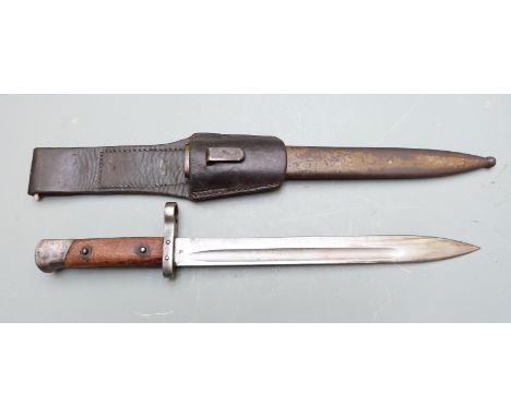 Austrian 1895 pattern Mannlicher bayonet, OE over WG to ricasso, 75 to crosspiece, 25cm fullered blade, with scabbard and fro