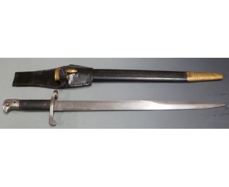 British 1887 pattern Martini Henry sword bayonet Mk3, with clear stamps to ricasso, 46cm unfullered blade, scabbard and frog