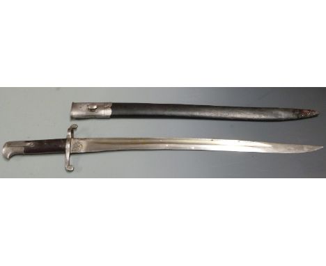 British 1856 pattern sword bayonet with wooden grips, 51.5cm yataghan fullered blade and scabbard