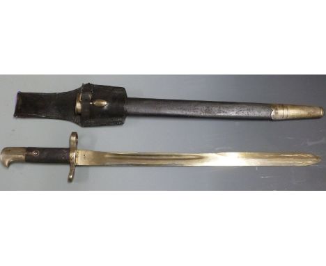 British 1875 pattern volunteer sawback sword bayonet Alex Coppell makers, with 46.5cm sawback removed fullered blade, scabbar