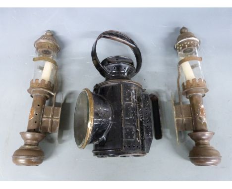 London Transport tri colour hand lamp, height 30cm and a pair of lamps marked GWR, height 37cm