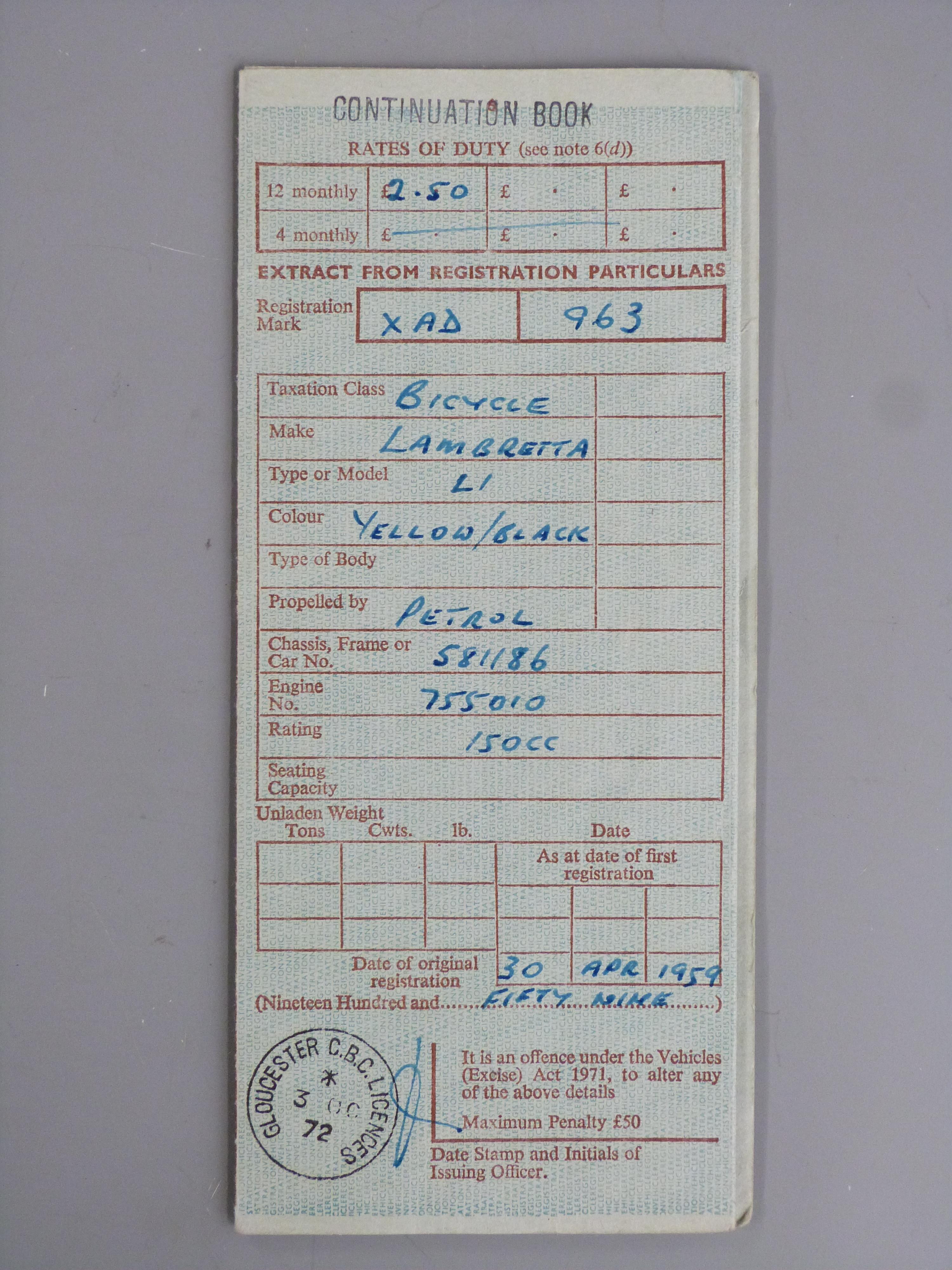 Four 'buff' motorcycle logbooks comprising 1949 Royal Enfield, 1959 Lambretta, 1964 Lambretta and