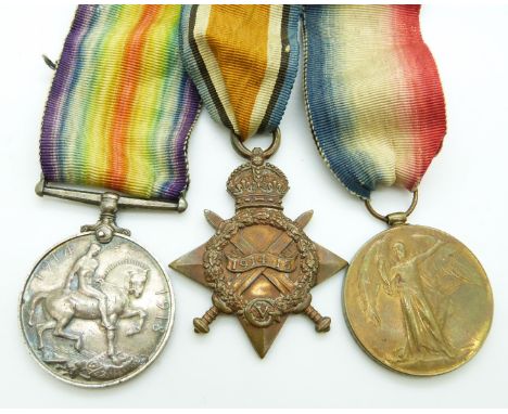 British Army WWI medals comprising 1914/1915 Star, War Medal and Victory Medal named to 11153 Sgt&nbsp;J Blake, Cheshire Regi