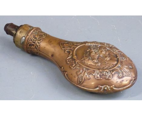 G &amp; J W Hawksley copper and brass powder flask with embossed decoration of horses to one side and aesthetic decoration to