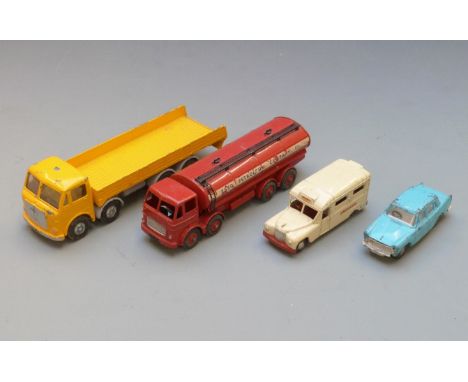 Four diecast model vehicles comprising Dinky Supertoys Leyland Octopus tanker, Tri-ang Spot-On AEC Major '8' and Austin A60 C