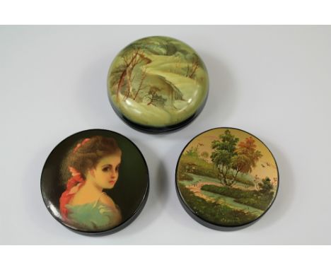 20th Century Hand Painted Russian Boxes. The boxes finely painted with landscape scenes and a portrait miniature. The first c