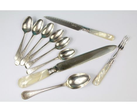 Quantity of Silver. This lot includes Mother of Pearl handled knife/fork set and spoons (six Georgian)