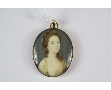 Francis Sykes (British, Fl. C 1746-1763) Oval Portrait Miniature. Gilt metal frame with woven hair to the reverse, approx 35 