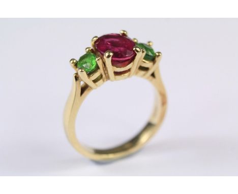 A 14ct Yellow Gold Green and Pink Stone Ring. The ring size M, approx 5.5 gms, stamped D &amp; S.