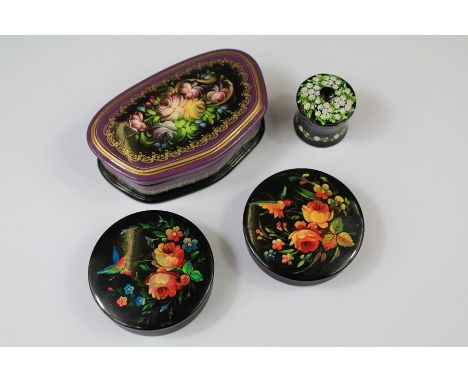 20th Century Hand Painted Russian Boxes. The boxes exquisitely painted with floral sprays. The first box approx 10 x 6 x 3 cm
