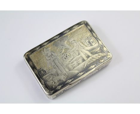 A 19th Century Silver Niello-Work Snuff Box. The box engraved with figures in a landscape, with rubbed marks, approx 6 x 4 cm