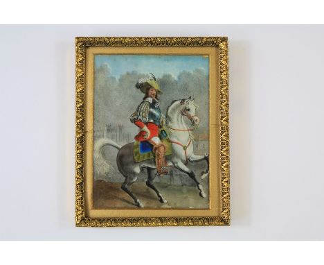 Attributed to John Hoskins, Equestrian Portrait Miniature of Charles I. The portrait miniature approx 6 x 8 cms. Label to ver