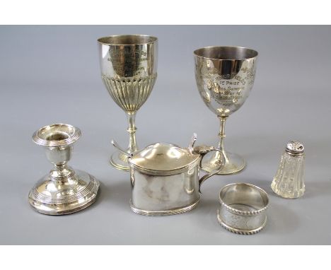 A Collection of Silver and Silver Plate. The collection includes silver napkin ring, small travelling candlestick, cut glass 