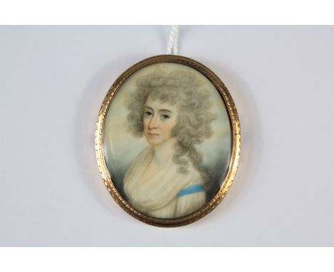 John Donaldson (Scottish 1737-1801) Oval Portrait Miniature. Depicting a Regency lady, approx 51 x 43 mm, gold bright-cut fra