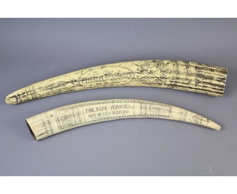 Two 20th Century Resin Scrimshaw Tusk. The first depicting "The Veronica" 1849, "The Bark Veronica out of&nbsp; New Bedford",