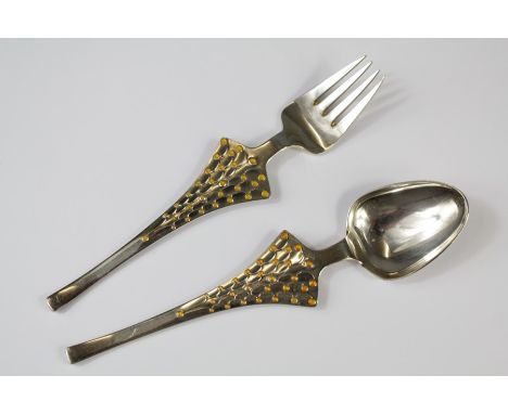 Anton Michelsen Danish Fork and Spoon. The fork and spoon both stamped, dated July 1965, mm T.H., approx 95 cms.&nbsp;