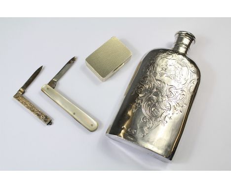 A Victorian Silver Hip Flask. The flask with foliate decoration, London hallmark, further marks rubbed, together with a silve