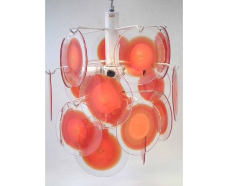 Italian 1960's design light fitting by Mazzega Murano, the wire frame supporting eighteen glass disks, 38cm high    This lot 