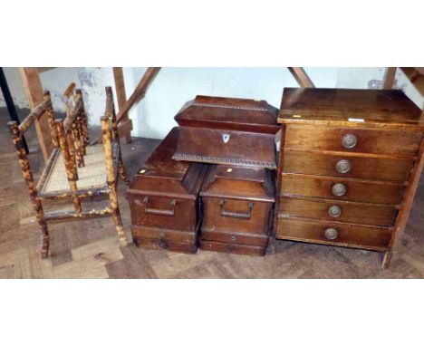 Two table top sewing machines, small chest and a bamboo magazine rack and a tea caddy. Condition report: see terms and condit