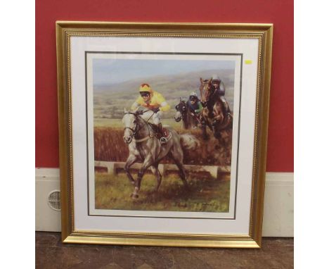 Large framed modern equestrian signed print showing One Man ridden by Richard Dunwoody at the Cheltenham Festival.Condition r