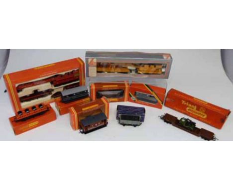 Lima 00 gauge crane (ADRC 96708 Bescot), coupling hook missing, Hornby 75 ton crane (R.197) flat wagon with wheel load (R.131