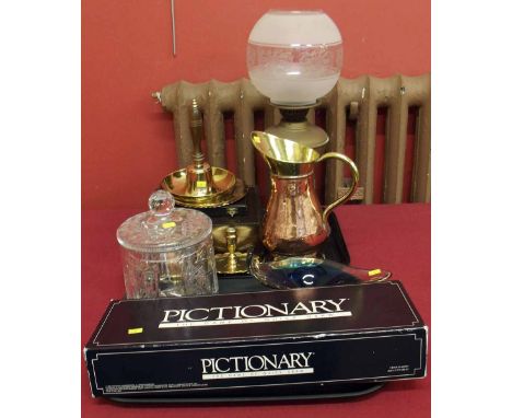 Pictionary game, oil lamp, glass biscuit jar, Murano style dish, cutlery and mixed brass ware including a small bed etc. Cond