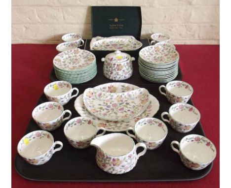 Minton Haddon Hall twelve cups, saucers, side plates, cream jug, sucrier, two dishes and two boxed dishes. Condition report: 