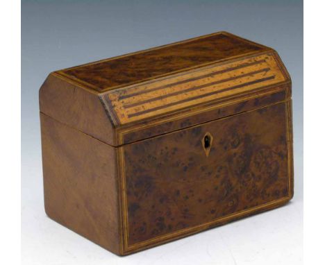 Yew tea caddy, the chamfered lid revealing two compartments, width 16.5cm. Condition report: see terms and conditions