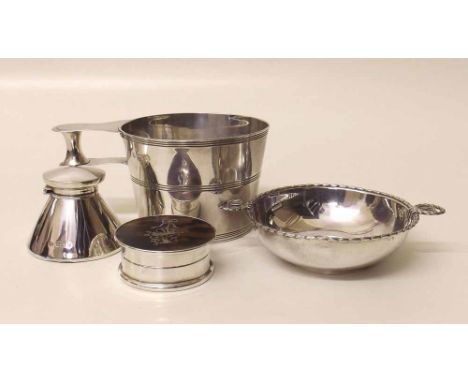 Chester silver milk pail cup, pique work box, Empire style silver bowl, cervical inkwell. Condition report: see terms and con