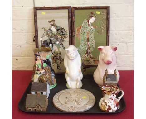 Burleigh jug Carlton pig and one other, Masons "Brown Velvet" jug, Coronation ceramic plaque and three Denby village houses a