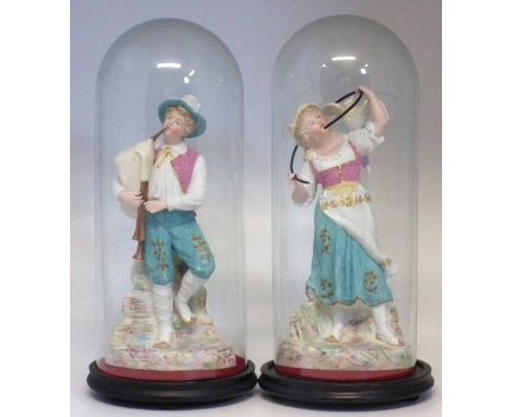 Pair of Bisque Heubach Bothers figures under domes, moulded marks to the back of each base, late 19th century, the figures me
