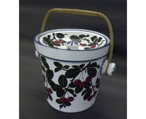 Large Wemyss pottery lidded slop pail, hand painted with cherries on branches, with wicker handle, the bucket 11" high (at fa