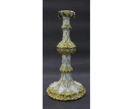 Dresden porcelain candlestick decorated with various gilded vines upon a white ground, 14" high