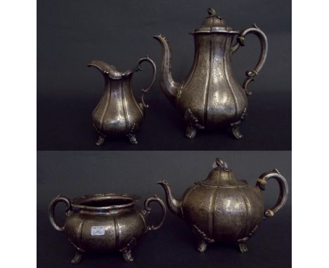 Victorian silver faceted four piece tea service, engraved with floral panels, maker Robert Harper, London 1867, the teapot 12